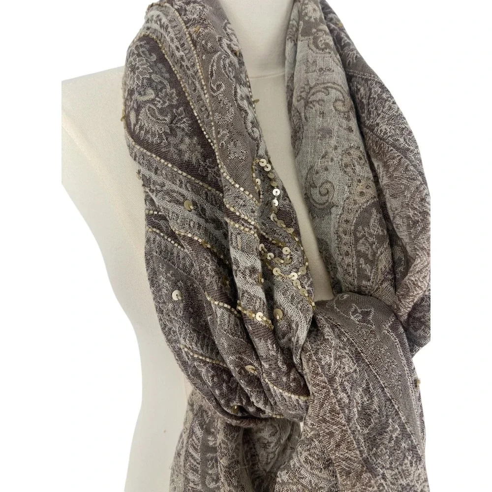 Gerard Darel Gabriella Paisley Wool Sequin Scarf Beige Taupe NWT